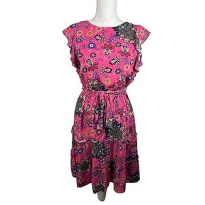 Loft | Pink Floral V Tie Back Tiered Dress New